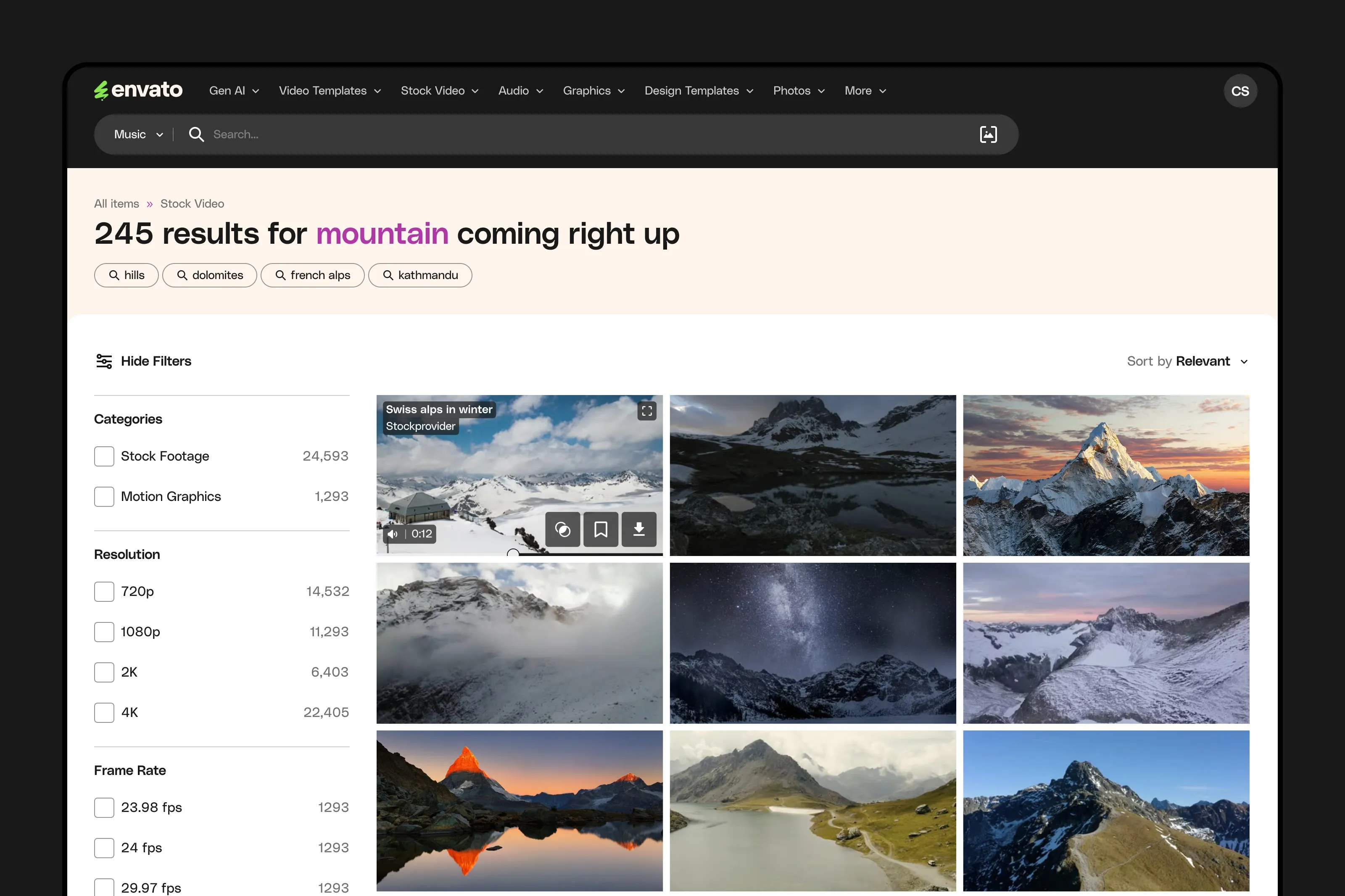 Stock video results page and filter